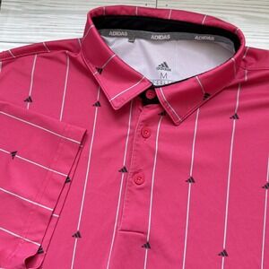 Adidas Polo Shirt Mens Medium Pink‎ Stripe Golf Lightweight Performance Logo